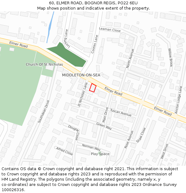 60, ELMER ROAD, BOGNOR REGIS, PO22 6EU: Location map and indicative extent of plot