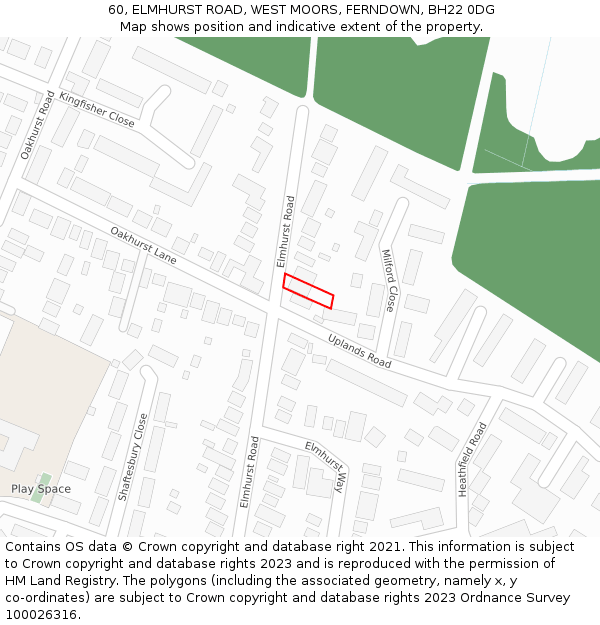 60, ELMHURST ROAD, WEST MOORS, FERNDOWN, BH22 0DG: Location map and indicative extent of plot