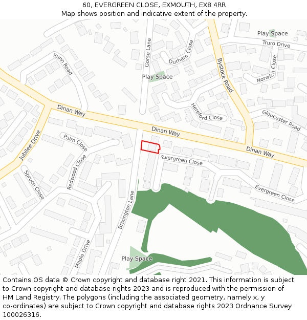 60, EVERGREEN CLOSE, EXMOUTH, EX8 4RR: Location map and indicative extent of plot