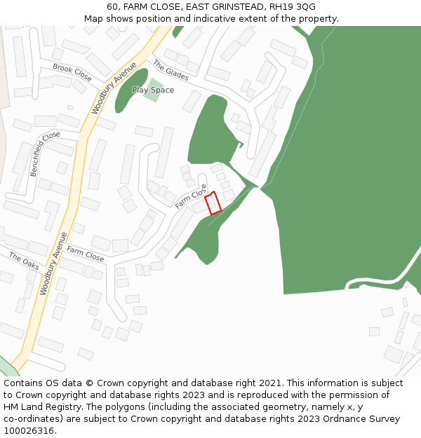 60, FARM CLOSE, EAST GRINSTEAD, RH19 3QG: Location map and indicative extent of plot