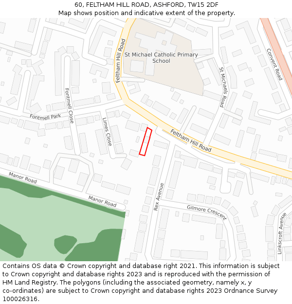 60, FELTHAM HILL ROAD, ASHFORD, TW15 2DF: Location map and indicative extent of plot
