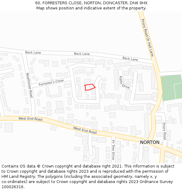 60, FORRESTERS CLOSE, NORTON, DONCASTER, DN6 9HX: Location map and indicative extent of plot