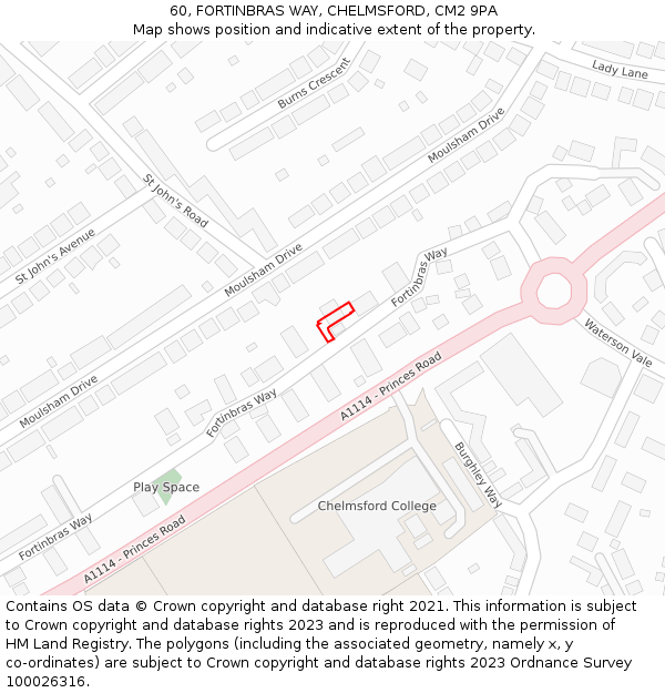 60, FORTINBRAS WAY, CHELMSFORD, CM2 9PA: Location map and indicative extent of plot