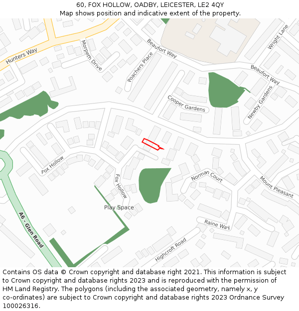 60, FOX HOLLOW, OADBY, LEICESTER, LE2 4QY: Location map and indicative extent of plot