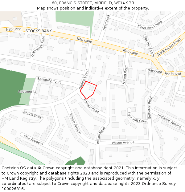 60, FRANCIS STREET, MIRFIELD, WF14 9BB: Location map and indicative extent of plot