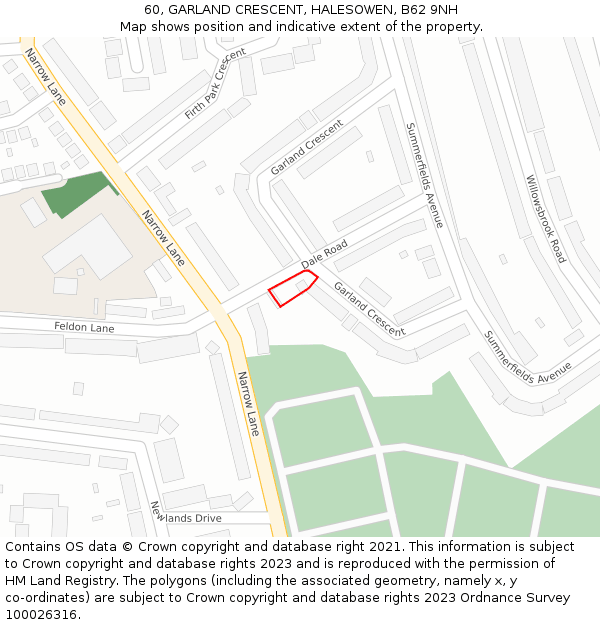 60, GARLAND CRESCENT, HALESOWEN, B62 9NH: Location map and indicative extent of plot