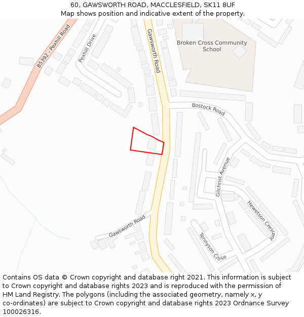 60, GAWSWORTH ROAD, MACCLESFIELD, SK11 8UF: Location map and indicative extent of plot
