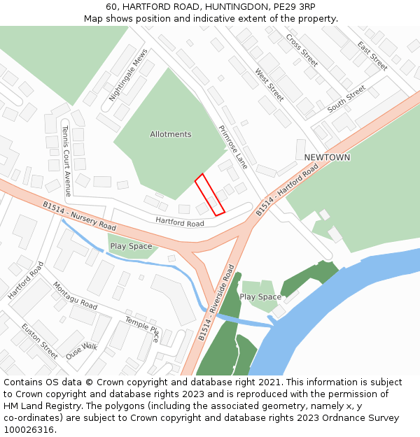 60, HARTFORD ROAD, HUNTINGDON, PE29 3RP: Location map and indicative extent of plot