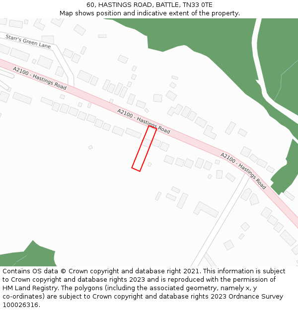 60, HASTINGS ROAD, BATTLE, TN33 0TE: Location map and indicative extent of plot