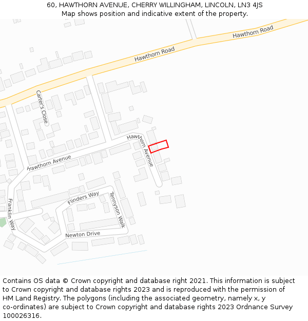 60, HAWTHORN AVENUE, CHERRY WILLINGHAM, LINCOLN, LN3 4JS: Location map and indicative extent of plot