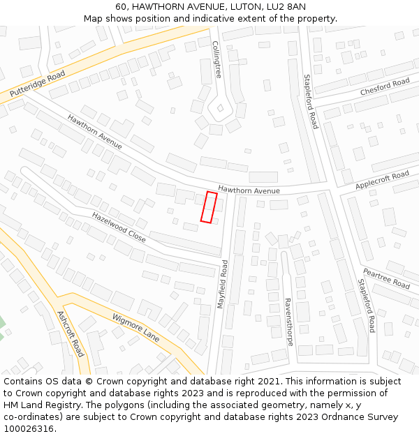 60, HAWTHORN AVENUE, LUTON, LU2 8AN: Location map and indicative extent of plot
