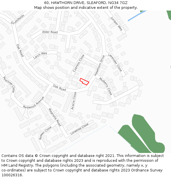 60, HAWTHORN DRIVE, SLEAFORD, NG34 7GZ: Location map and indicative extent of plot