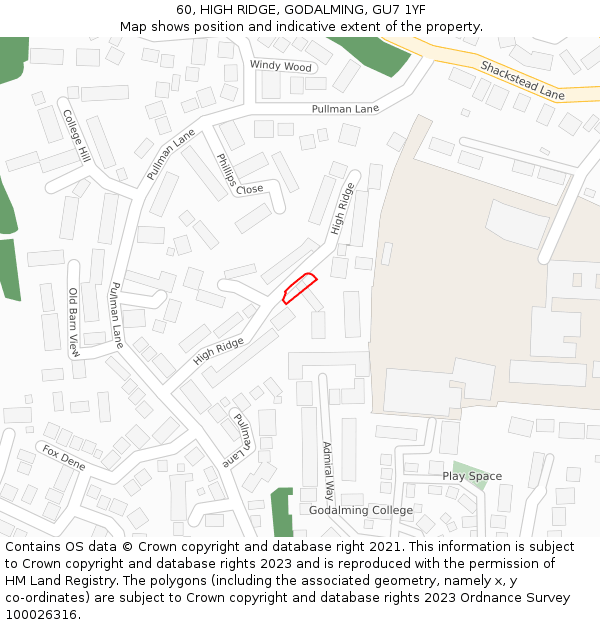 60, HIGH RIDGE, GODALMING, GU7 1YF: Location map and indicative extent of plot