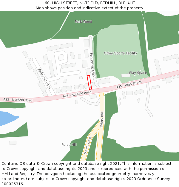 60, HIGH STREET, NUTFIELD, REDHILL, RH1 4HE: Location map and indicative extent of plot