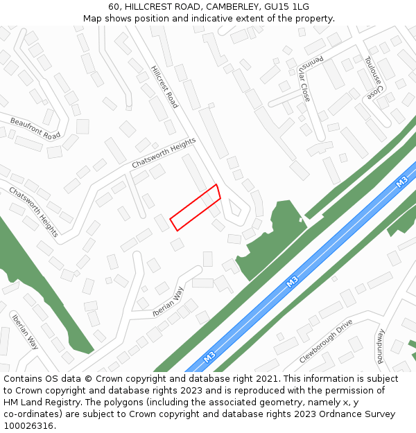 60, HILLCREST ROAD, CAMBERLEY, GU15 1LG: Location map and indicative extent of plot