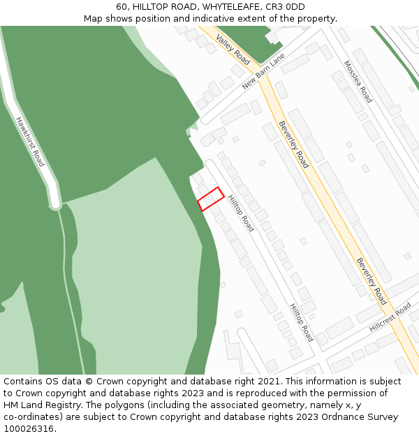 60, HILLTOP ROAD, WHYTELEAFE, CR3 0DD: Location map and indicative extent of plot