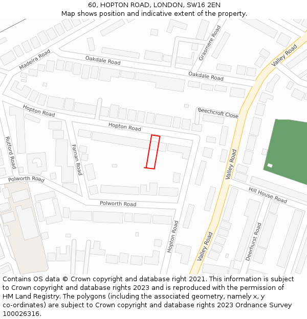 60, HOPTON ROAD, LONDON, SW16 2EN: Location map and indicative extent of plot