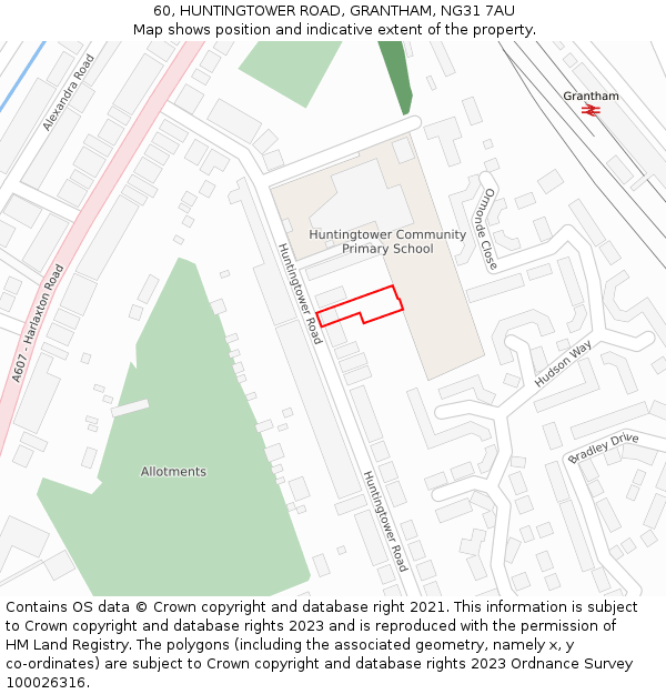 60, HUNTINGTOWER ROAD, GRANTHAM, NG31 7AU: Location map and indicative extent of plot