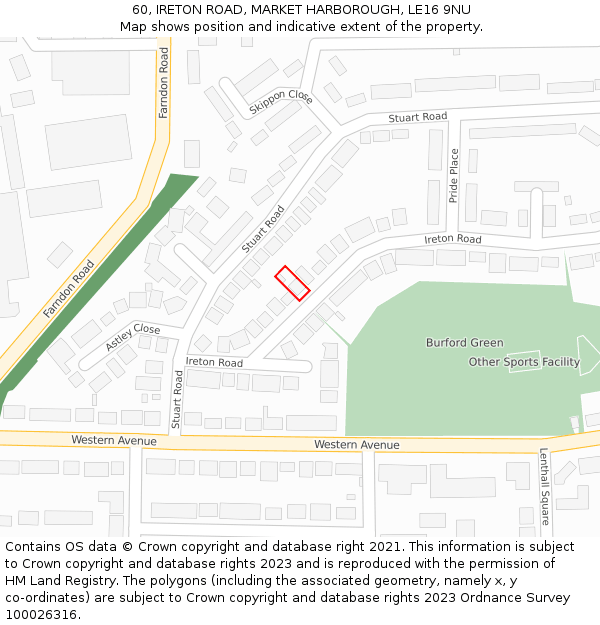 60, IRETON ROAD, MARKET HARBOROUGH, LE16 9NU: Location map and indicative extent of plot
