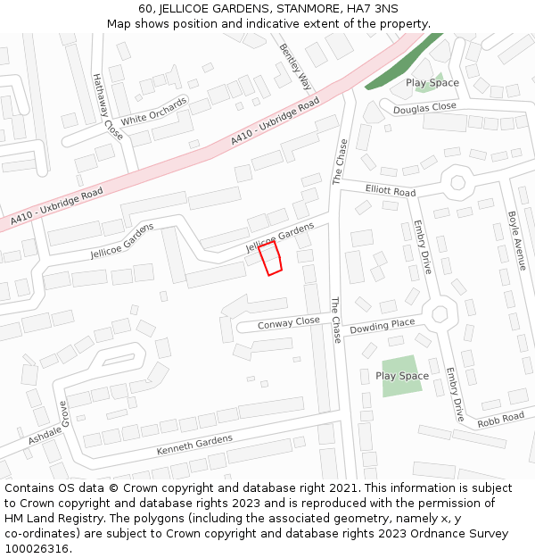 60, JELLICOE GARDENS, STANMORE, HA7 3NS: Location map and indicative extent of plot