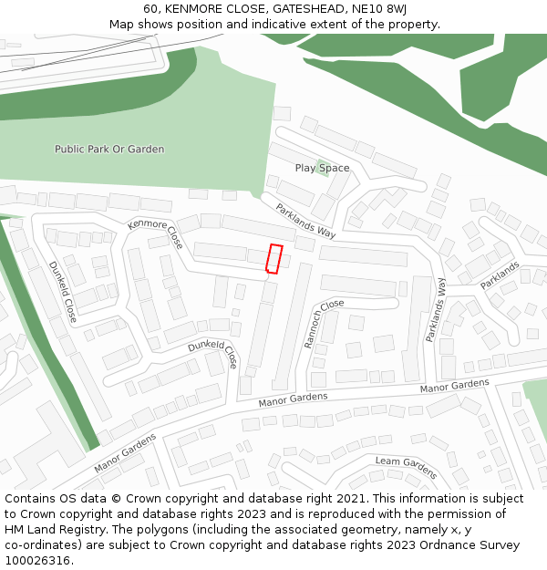 60, KENMORE CLOSE, GATESHEAD, NE10 8WJ: Location map and indicative extent of plot