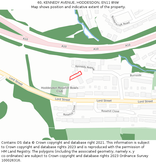 60, KENNEDY AVENUE, HODDESDON, EN11 8NW: Location map and indicative extent of plot