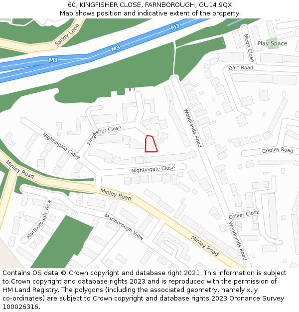 60, KINGFISHER CLOSE, FARNBOROUGH, GU14 9QX: Location map and indicative extent of plot