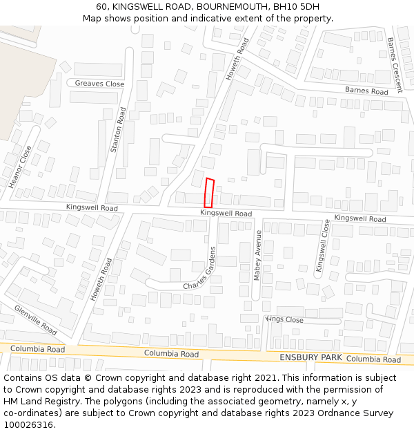 60, KINGSWELL ROAD, BOURNEMOUTH, BH10 5DH: Location map and indicative extent of plot