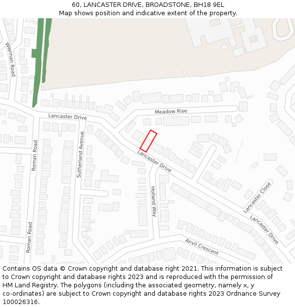 60, LANCASTER DRIVE, BROADSTONE, BH18 9EL: Location map and indicative extent of plot