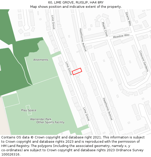 60, LIME GROVE, RUISLIP, HA4 8RY: Location map and indicative extent of plot