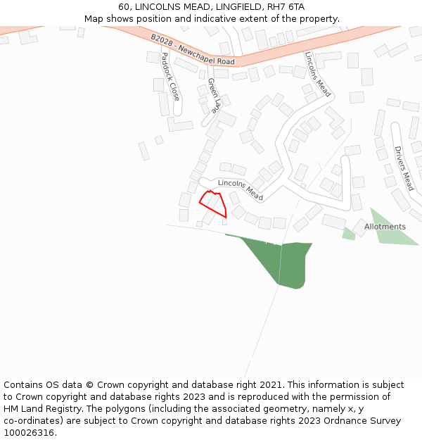 60, LINCOLNS MEAD, LINGFIELD, RH7 6TA: Location map and indicative extent of plot