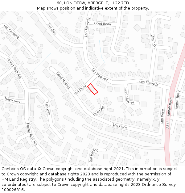 60, LON DERW, ABERGELE, LL22 7EB: Location map and indicative extent of plot