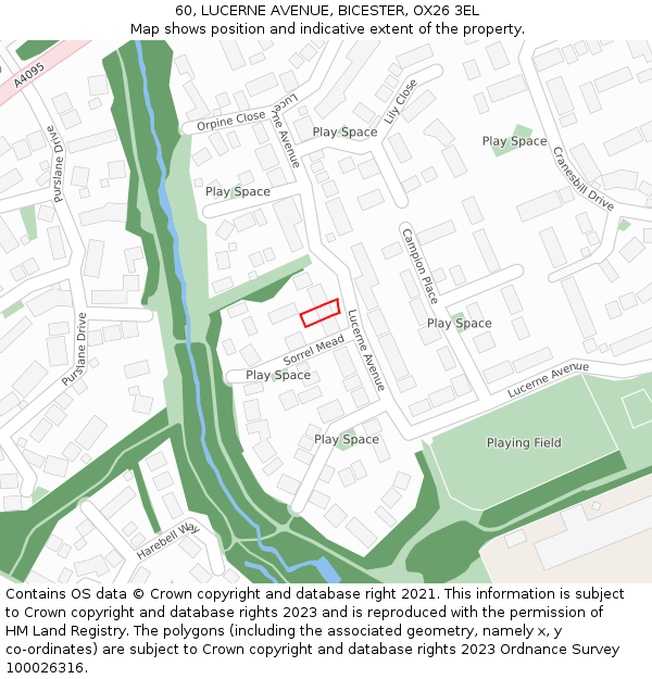 60, LUCERNE AVENUE, BICESTER, OX26 3EL: Location map and indicative extent of plot