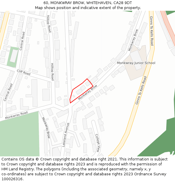 60, MONKWRAY BROW, WHITEHAVEN, CA28 9DT: Location map and indicative extent of plot