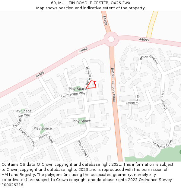 60, MULLEIN ROAD, BICESTER, OX26 3WX: Location map and indicative extent of plot