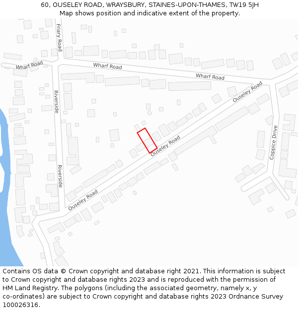 60, OUSELEY ROAD, WRAYSBURY, STAINES-UPON-THAMES, TW19 5JH: Location map and indicative extent of plot