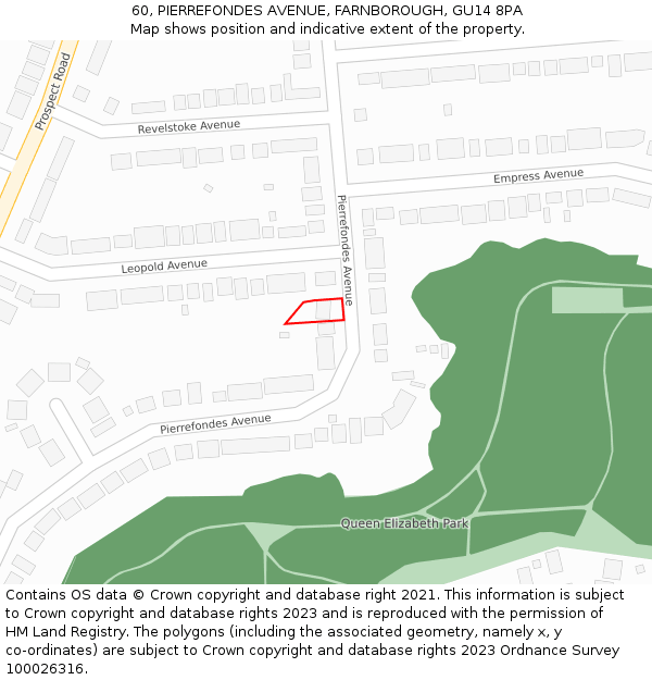 60, PIERREFONDES AVENUE, FARNBOROUGH, GU14 8PA: Location map and indicative extent of plot