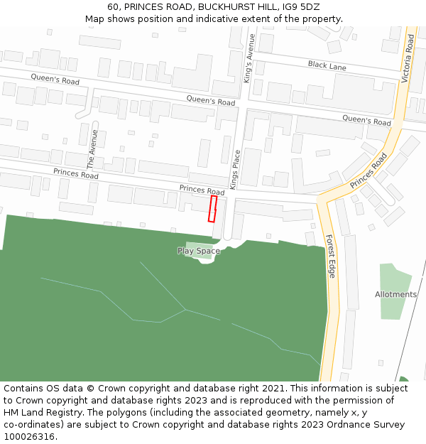60, PRINCES ROAD, BUCKHURST HILL, IG9 5DZ: Location map and indicative extent of plot