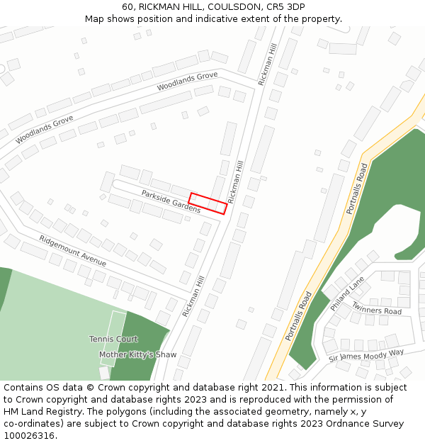 60, RICKMAN HILL, COULSDON, CR5 3DP: Location map and indicative extent of plot