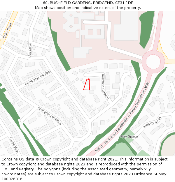 60, RUSHFIELD GARDENS, BRIDGEND, CF31 1DF: Location map and indicative extent of plot