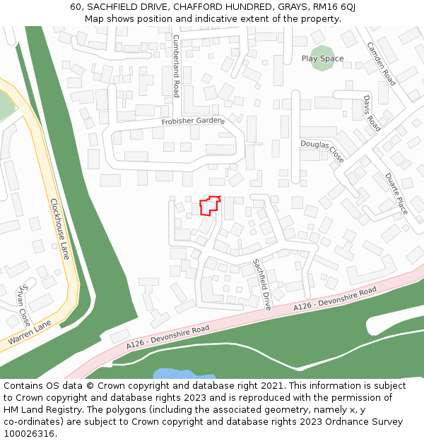 60, SACHFIELD DRIVE, CHAFFORD HUNDRED, GRAYS, RM16 6QJ: Location map and indicative extent of plot