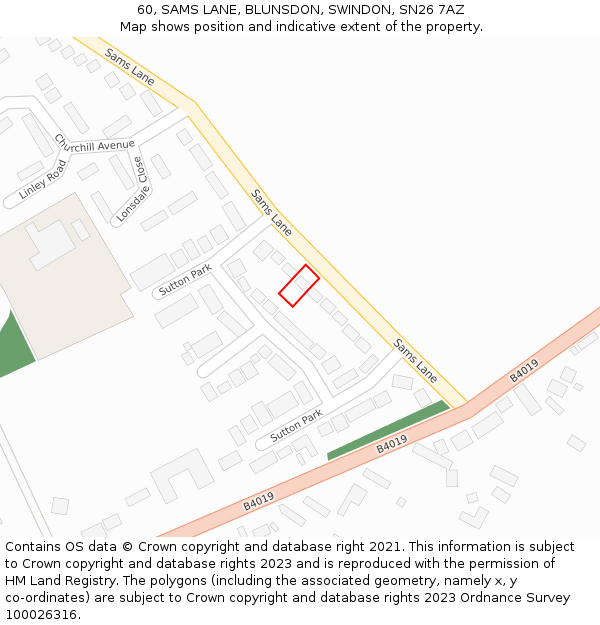 60, SAMS LANE, BLUNSDON, SWINDON, SN26 7AZ: Location map and indicative extent of plot