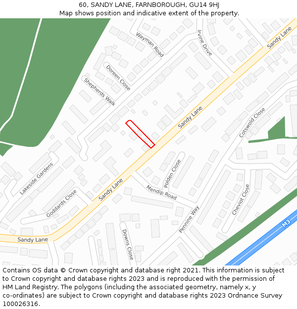 60, SANDY LANE, FARNBOROUGH, GU14 9HJ: Location map and indicative extent of plot