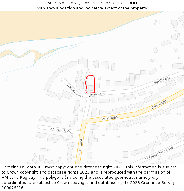 60, SINAH LANE, HAYLING ISLAND, PO11 0HH: Location map and indicative extent of plot