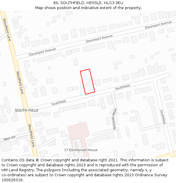 60, SOUTHFIELD, HESSLE, HU13 0EU: Location map and indicative extent of plot
