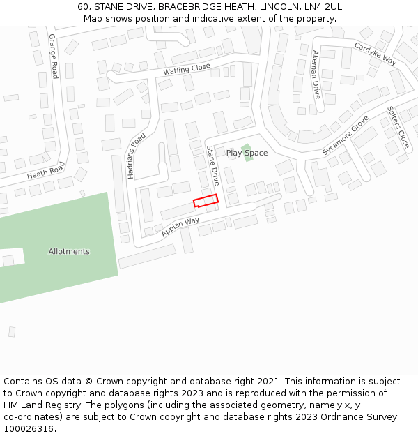 60, STANE DRIVE, BRACEBRIDGE HEATH, LINCOLN, LN4 2UL: Location map and indicative extent of plot