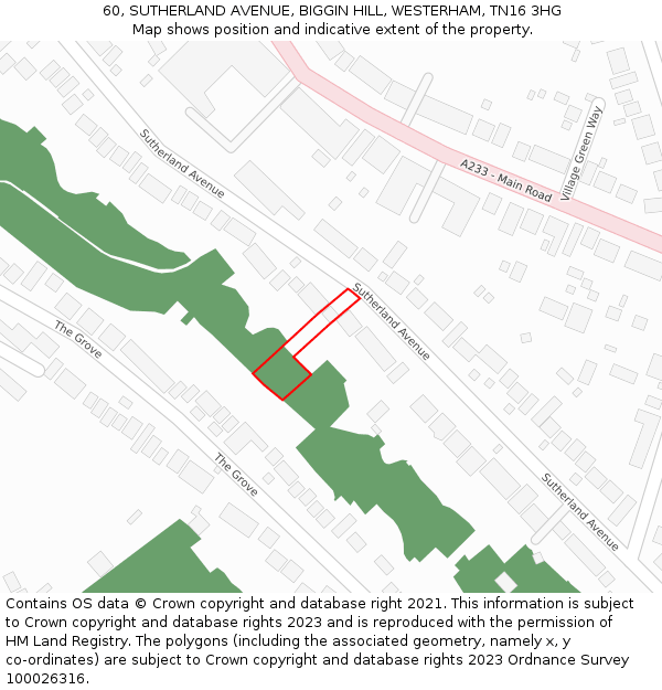 60, SUTHERLAND AVENUE, BIGGIN HILL, WESTERHAM, TN16 3HG: Location map and indicative extent of plot