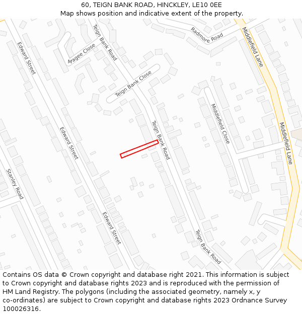 60, TEIGN BANK ROAD, HINCKLEY, LE10 0EE: Location map and indicative extent of plot