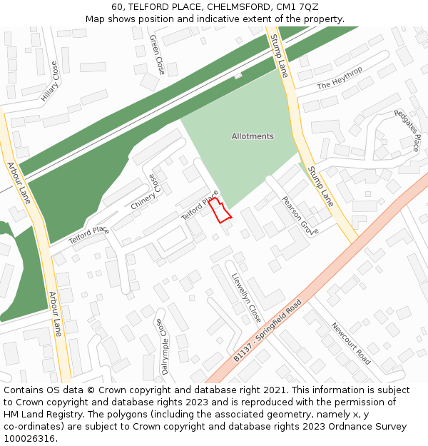 60, TELFORD PLACE, CHELMSFORD, CM1 7QZ: Location map and indicative extent of plot