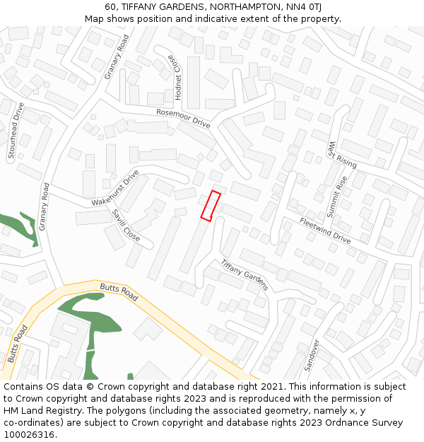 60, TIFFANY GARDENS, NORTHAMPTON, NN4 0TJ: Location map and indicative extent of plot